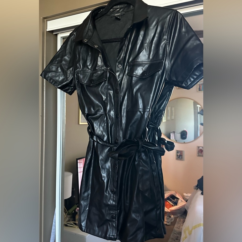 faux leather black shirt mini dress